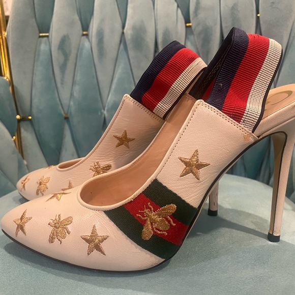 Gucci White Leather Sylvie Vintage Web Star/Bee Pumps Size 40.5/US 9.5 - Picture 1 of 17